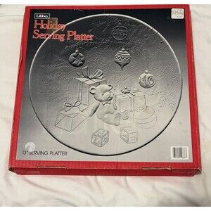 LIBBEY 13” Christmas Holiday Serving Embossed Glass Platter Teddy Bear Vintage